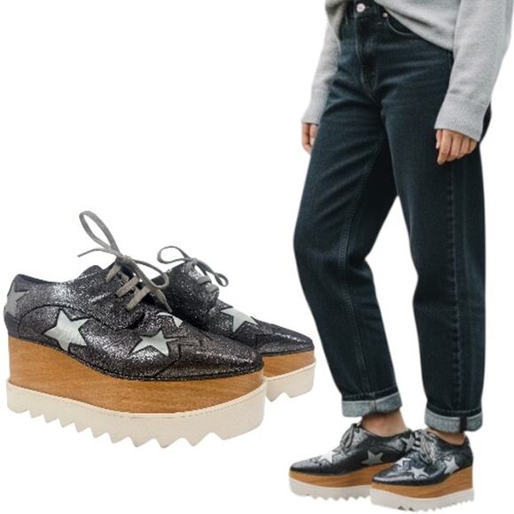 Stella McCartney Shoes - Stella McCartney Elyse Stars Glittered Platform Sneakers Gray Size 36